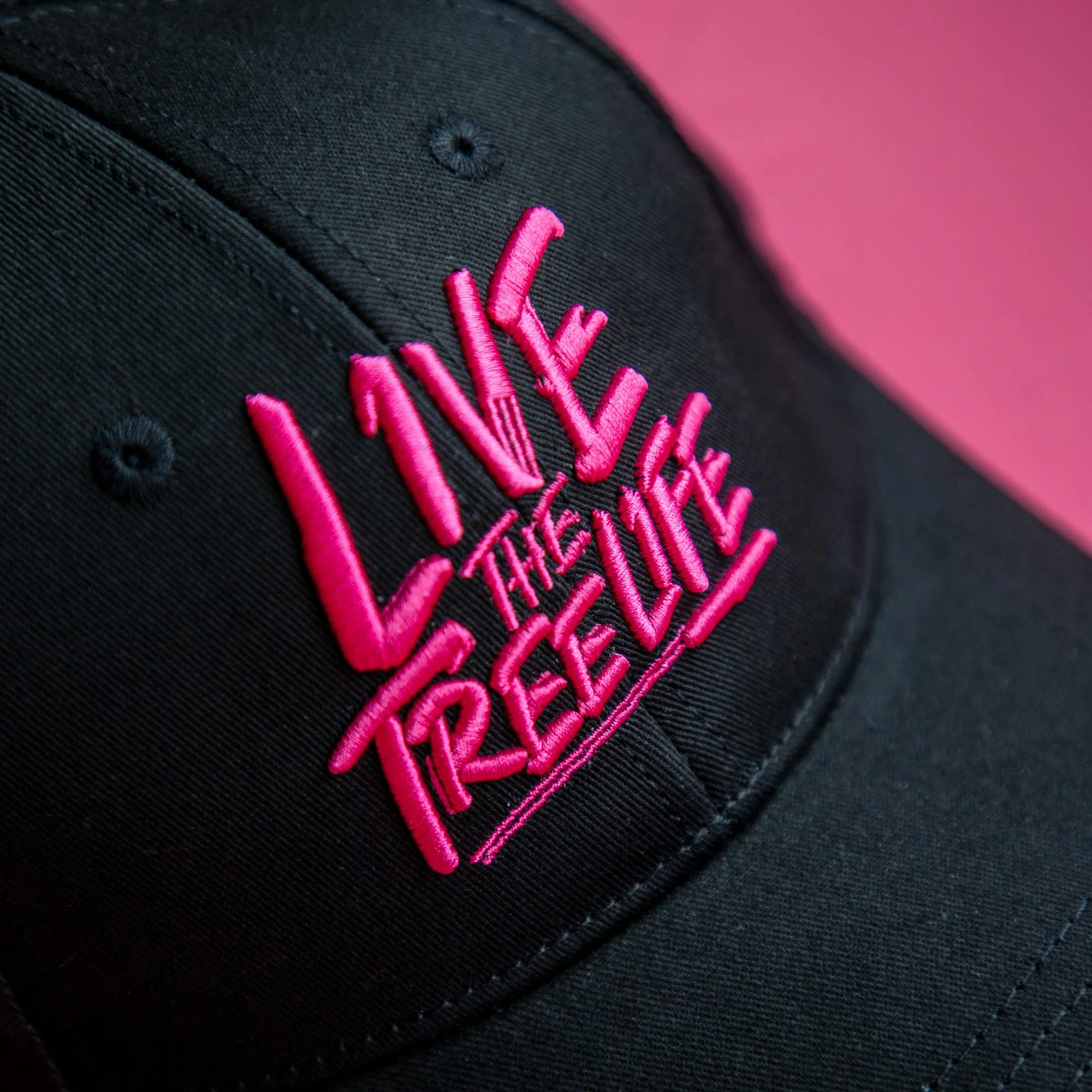 AT054 - Baseball Cap Curved Peak Live The Treelife - Black/Pink - Image 3